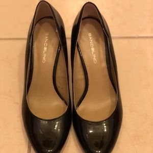 Black patent leather sandals.  EUC